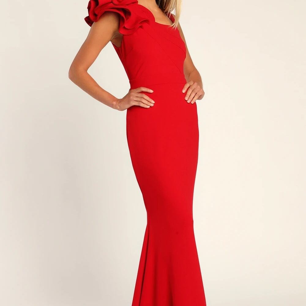NWT Lulus Lucette Red Sleeveless Ruffled Mermaid Maxi Dress Wedding Holiday Sz L - Picture 5 of 10